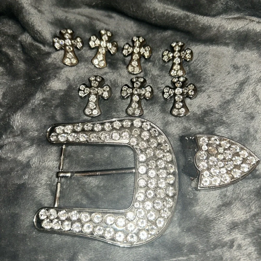 Rhinestone Western Belt Buckle Set Crosses Arrowhead‎ Silver Tone Bling Rodeo